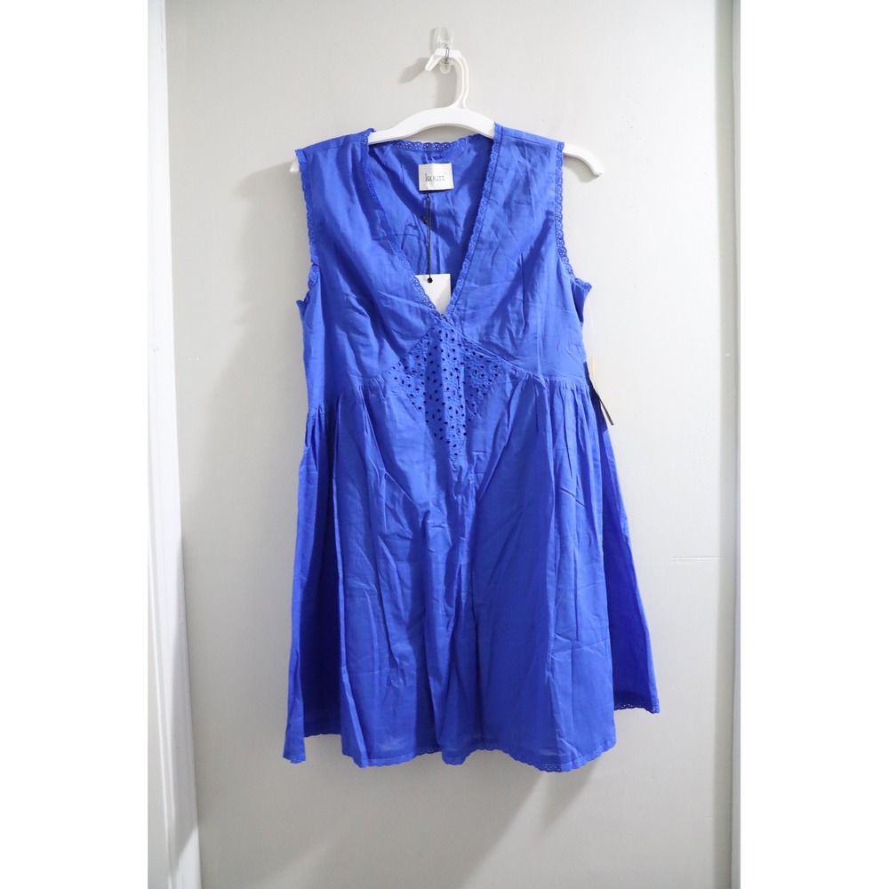 kourt Tatiana Cotton Dress Cobalt Blue Eyelet V-Neck Sleeveless Mini Dress NEW S